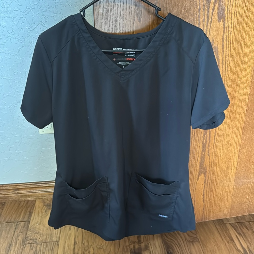Greys Anatomy Black Scrubs large top/large petite cuffed bottoms -spandex strech